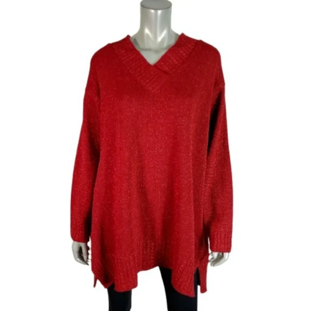 Diane Von Furstenberg Sweater Plus‎ Size 2X V-Neck Pullover Metallic Red Vintage